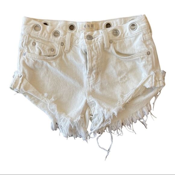 We the Free White Distressed Shorts with Grommets in Waist for Tie Belt - 24 - Picture 2 of 9